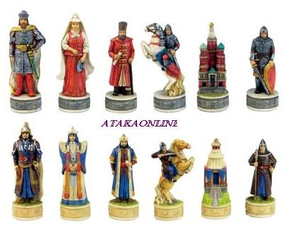 RUSSIAN VS. MONGOLIAN CHESS SET-HANDPAINTED-ANCIENT-SPECIAL (6367)