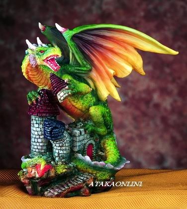 GREEN DRAGON PROTECTING CASTLE-FIGURINE-STATUE (5435)