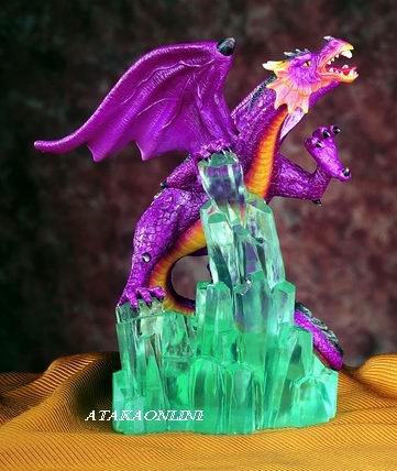 FUCHSIA DRAGON ON CRYSTAL ROCK-FIGURINE-STATUE (5436)