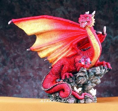 RED DRAGON HOLDING ORB-FIGURINE-STATUE-LARGE (4937)