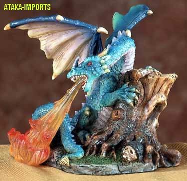 BLUE DRAGON BREATHING FIRE-FIGURINE-STATUE (5551)