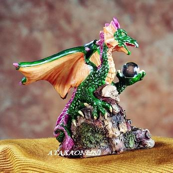 GREEN DRAGON HOLDING ORB-FIGURINE-STATUE (5197)