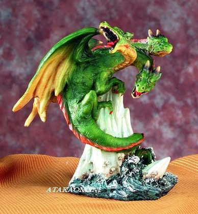 GREEN THREE HEADED DRAGON-FIGURINE-STATUE (4973)