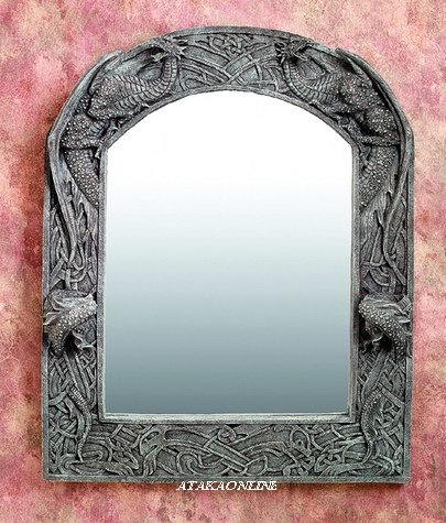 DUAL DRAGON MIRROR WITH CANDLEHOLDE-STONE-LIKE-FIGURINE-STATUE (5908)