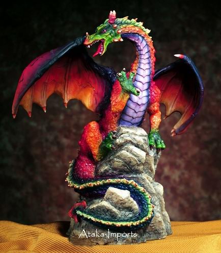 RAINBOW DRAGON ON ROCK-FIGURINE-STATUE (5432s)