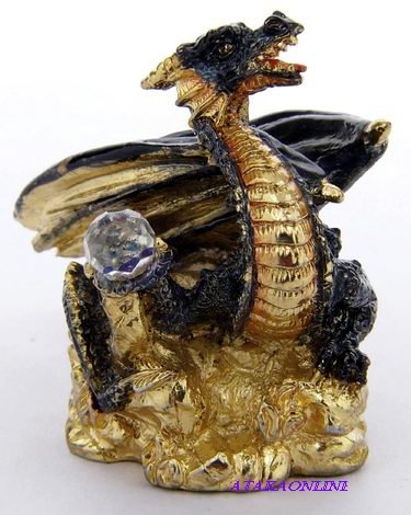 DRAGON ON ROCK W CRYSTAL ORB-PEWTER-FIGURINE-SHINING (6595)