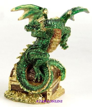 DRAGON ON TREASURE CHEST-PEWTER-FIGURINE-SHINING (6585)