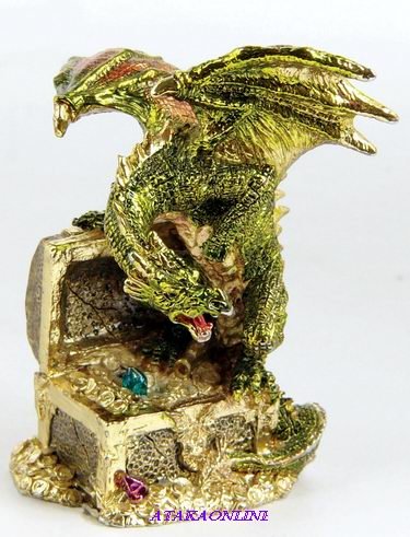 DRAGON PROTECING TREASURE CHEST-PEWTER-FIGURINE-SHINING (6586)