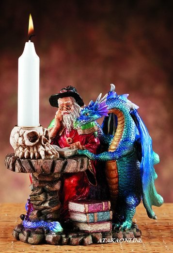 DRAGON AND WIZARD CANDLEHOLDER-FIGURINE-STATUE (5878)