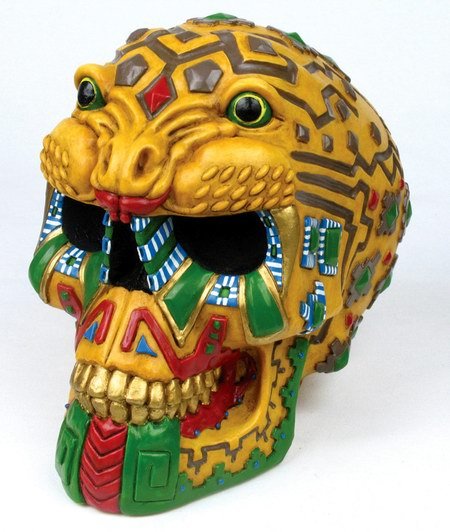 AZTEC JAGUAR SKULL SAVING BANK-FIGURINE-STATUE (6648)