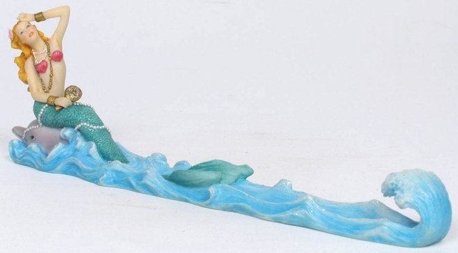 MERMAID SITTING ON DOLPHIN STATUE-FIGURINE INCENSE BURNER (7018)