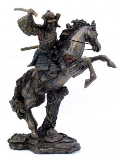 JAPANESE SAMURAI WARRIOR ON HORSE BRONZE LIKE STATUE-FIGURINE (6864)