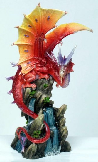 RED DRAGON W WATERFALL OPEN WINGS STATUE-FIGURINE (6849)
