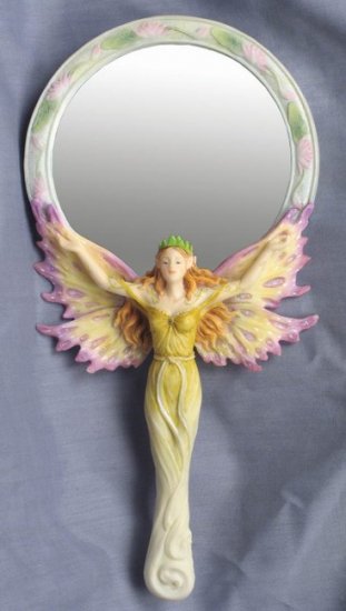 BUTTERFLY FAIRY W DRAGONFLY AND LOTUS HAND MIRROR-FIGURINE-STATUE- by Jody Bergsma (6993)