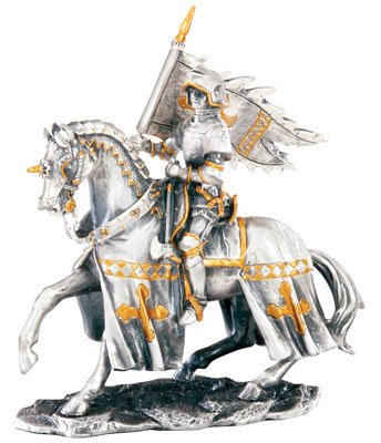 MEDIEVAL KNIGHT ON HORSE W FLAG-FIGURINE-STATUE PEWTER (6752s)