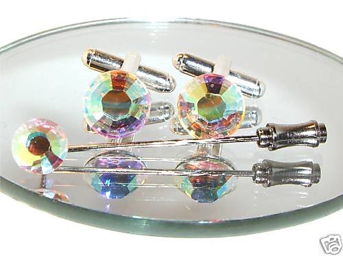 Wedding Crystal AB Cufflinks & Cravat Tie Pin Gift made with SWAROVSKI ELEMENTS