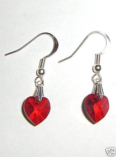 Sterling Silver Siam Crystal Heart Earrings 925 made with SWAROVSKI ELEMENTS