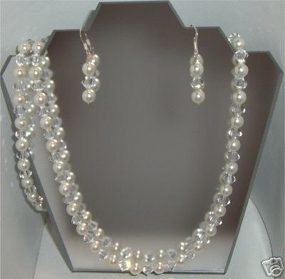 Wedding Pearl&Crystal Necklace Bracelet & Earrings made with SWAROVSKI ELEMENTS