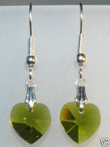 Wedding Bridal Gift Olivine Crystal Heart Earrings made with SWAROVSKI ELEMENTS