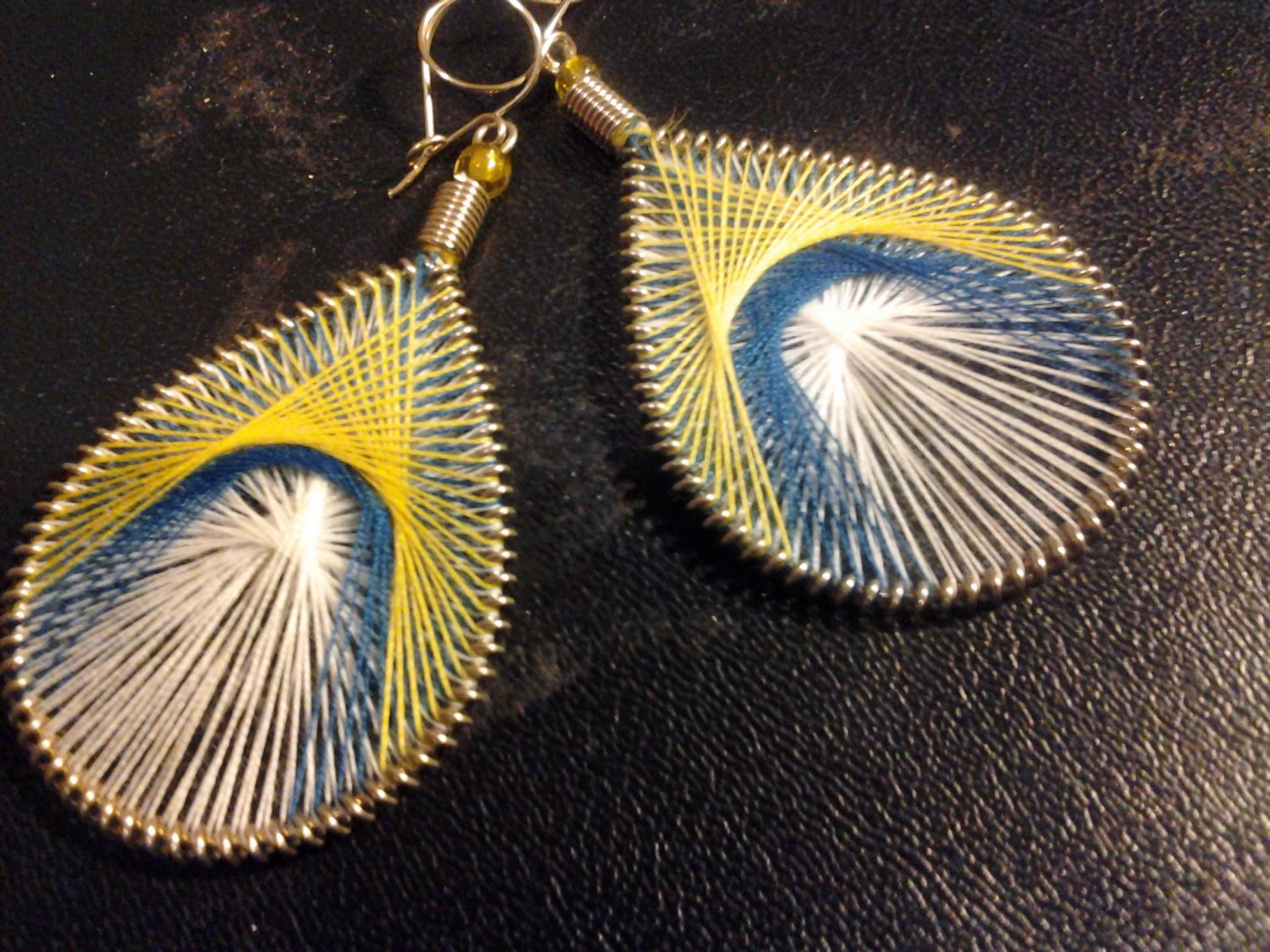 Brand New Large Yellow, Blue And White Dangled Thread Earrings