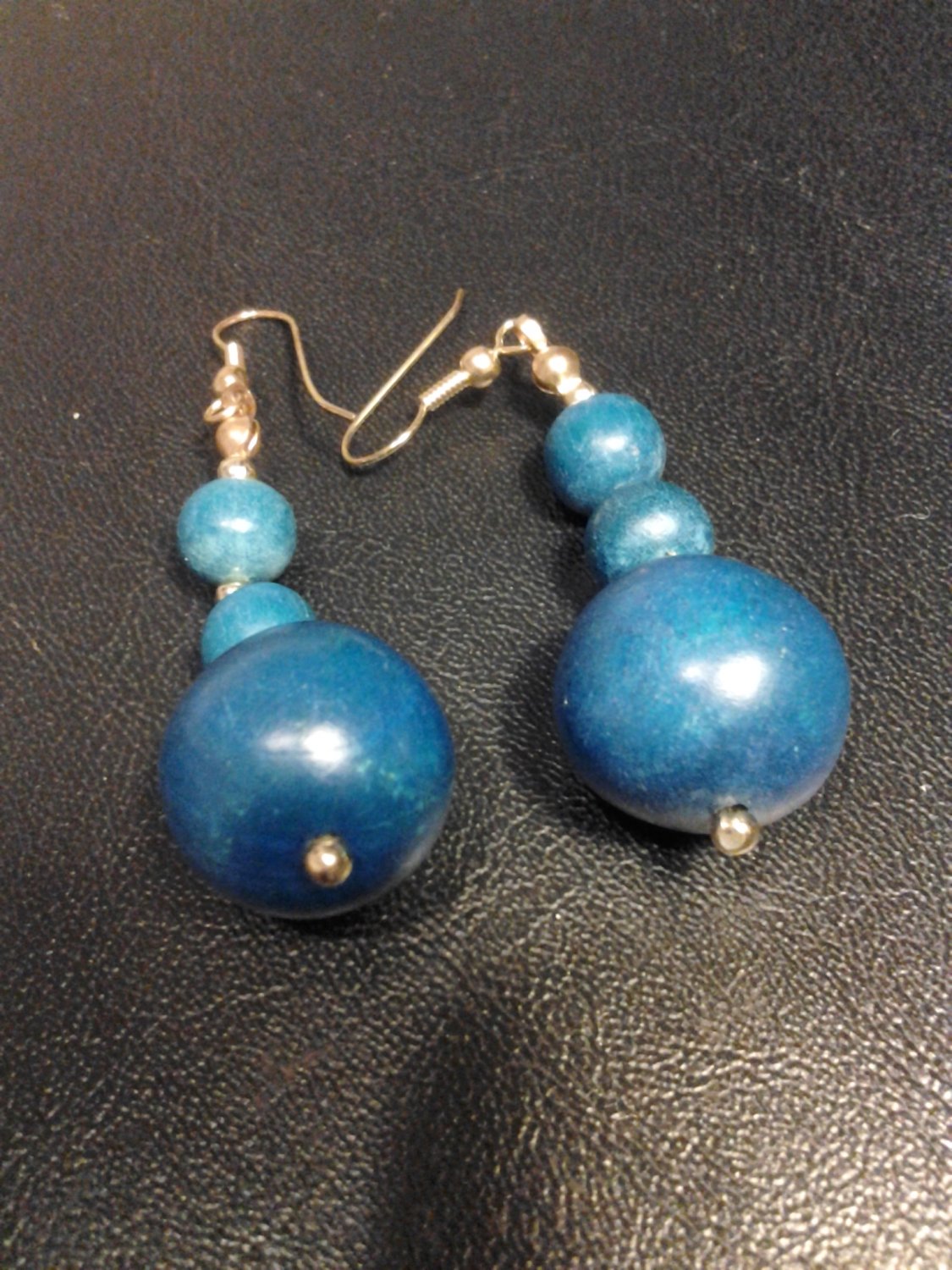 Brand New Beautiful Three Wooden Ball Dangled Blue Earrings