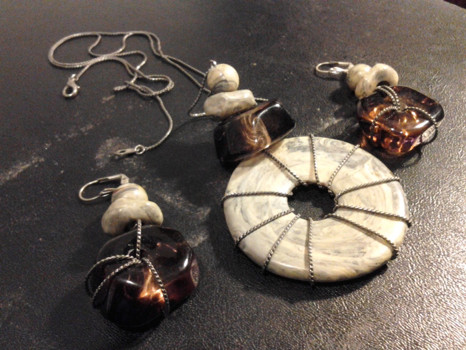 Beautiful Brown Beige Long Bamboo Circle Necklace And Earring Set