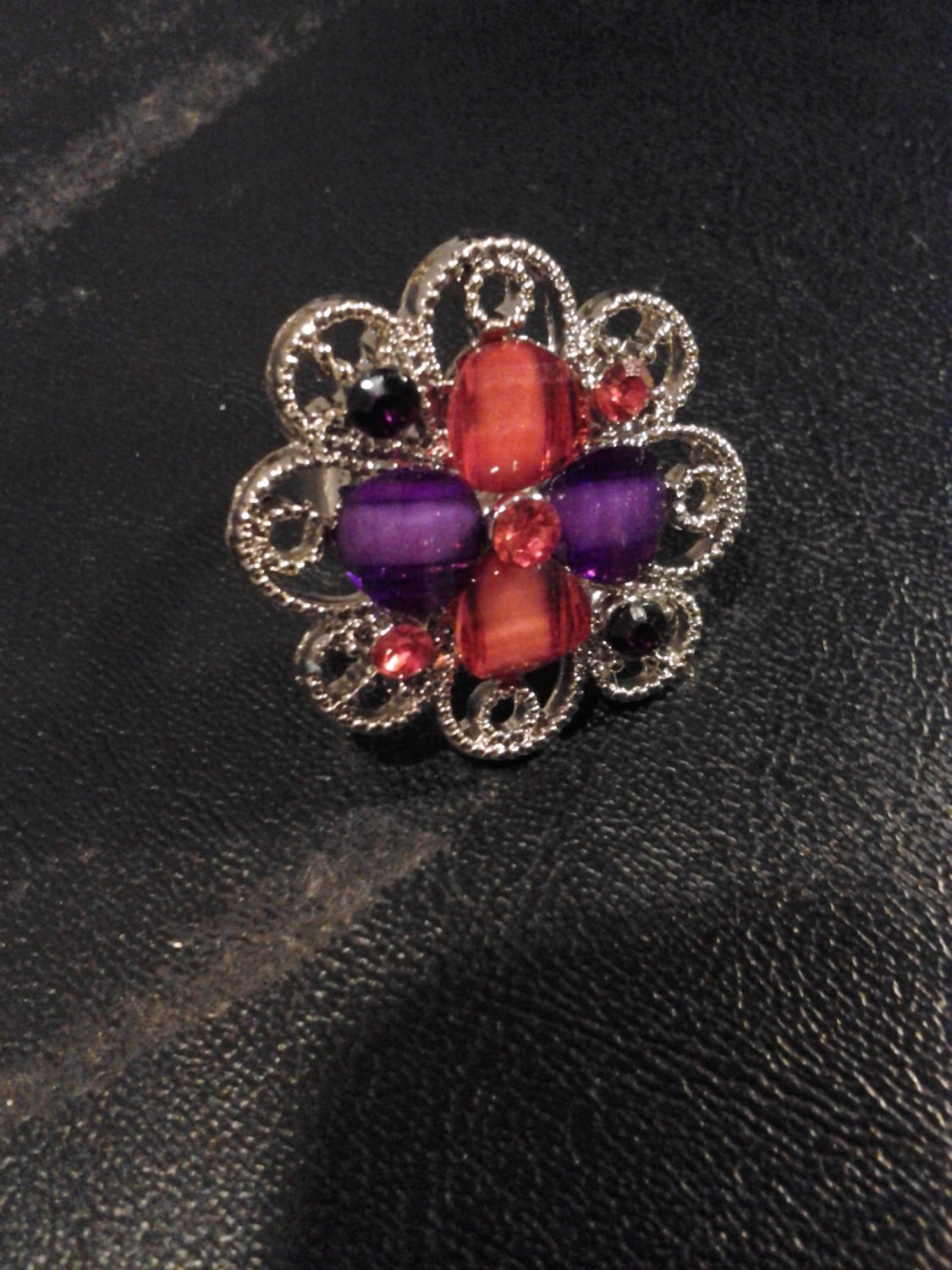 Brand New Beautiful Plaid Red And Purple Adustable Silver Rings