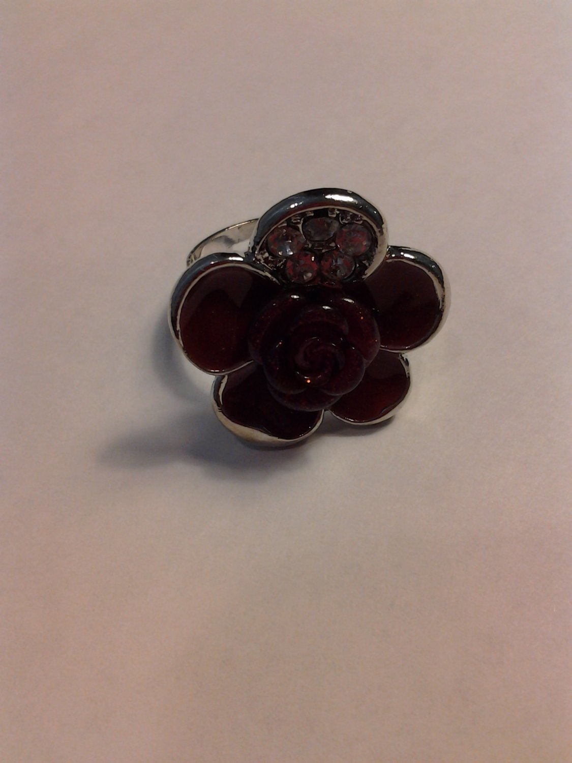 Brand New Beautiful Burgundy Flower Silver Ring With Bling