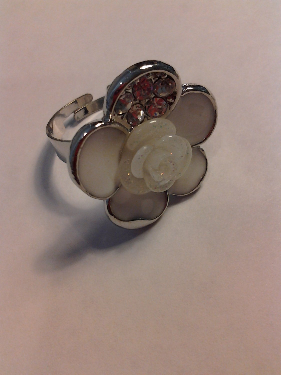 Brand New Beautiful White Adjustable Silver Ring WIth Bling