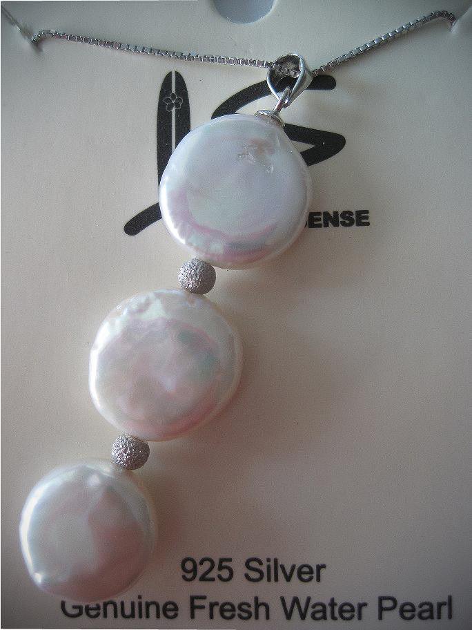Genuine three Round Flat Fresh Water coin pearls necklace