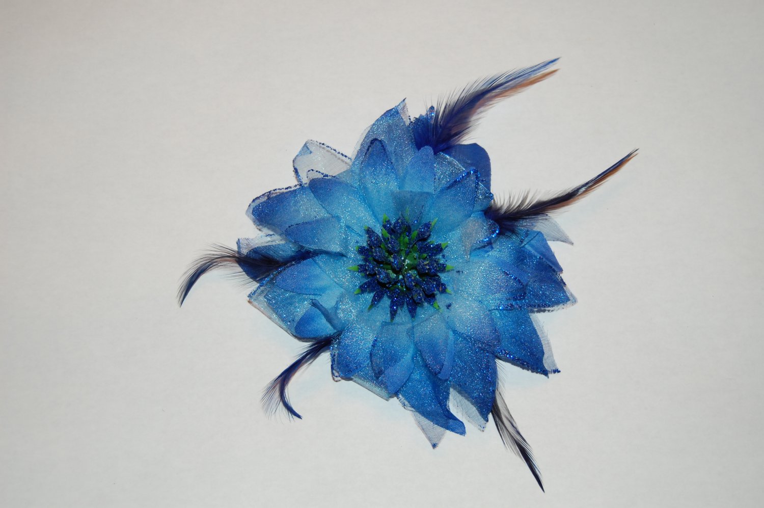 5" Royal Blue Glitter Feather Flower with Berries Clip & Hair Tie