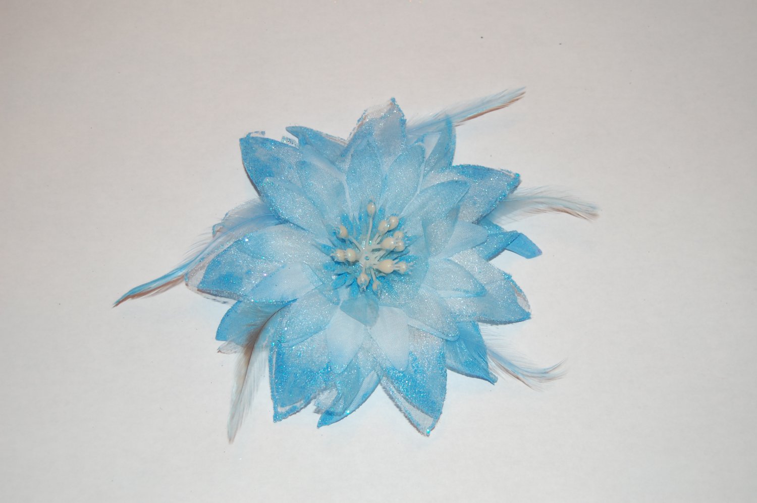 5" Baby Blue Glitter Feather Flower with Berries Clip & Hair Tie