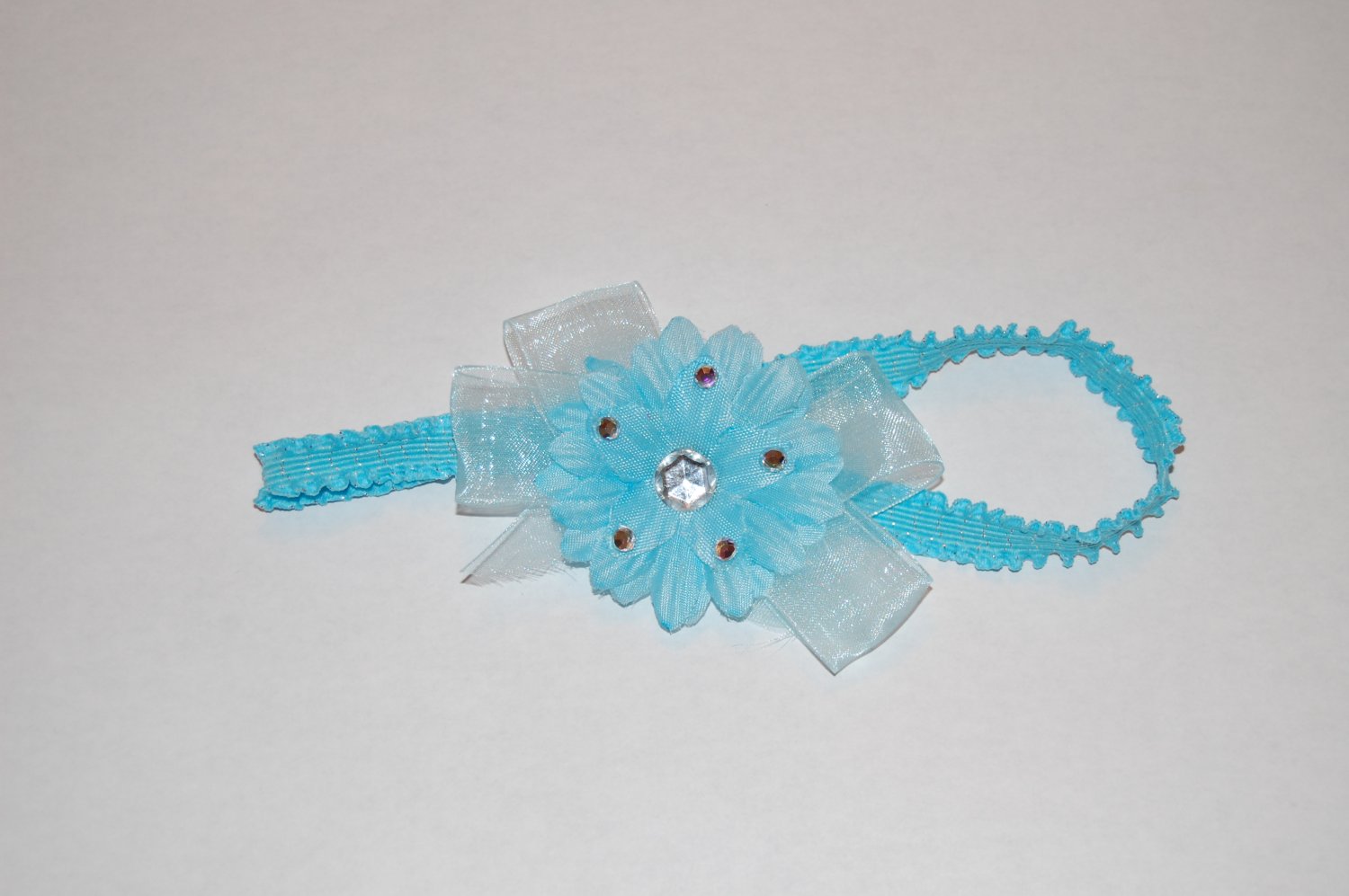 2" Daisy, Jewel Embellished, Chiffon Ribbon, 1" Lace band, Blue/Blue