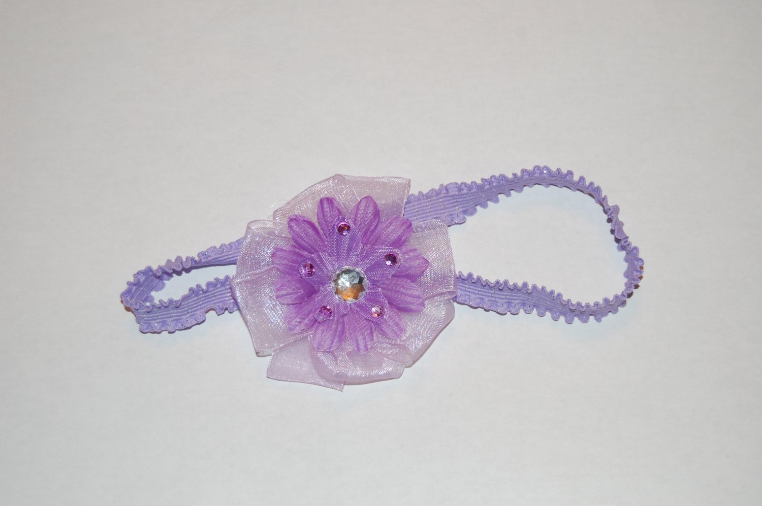 2" Daisy, Jewel Embellished, Chiffon Ribbon, 1" Lace band, Lavender/Lavender