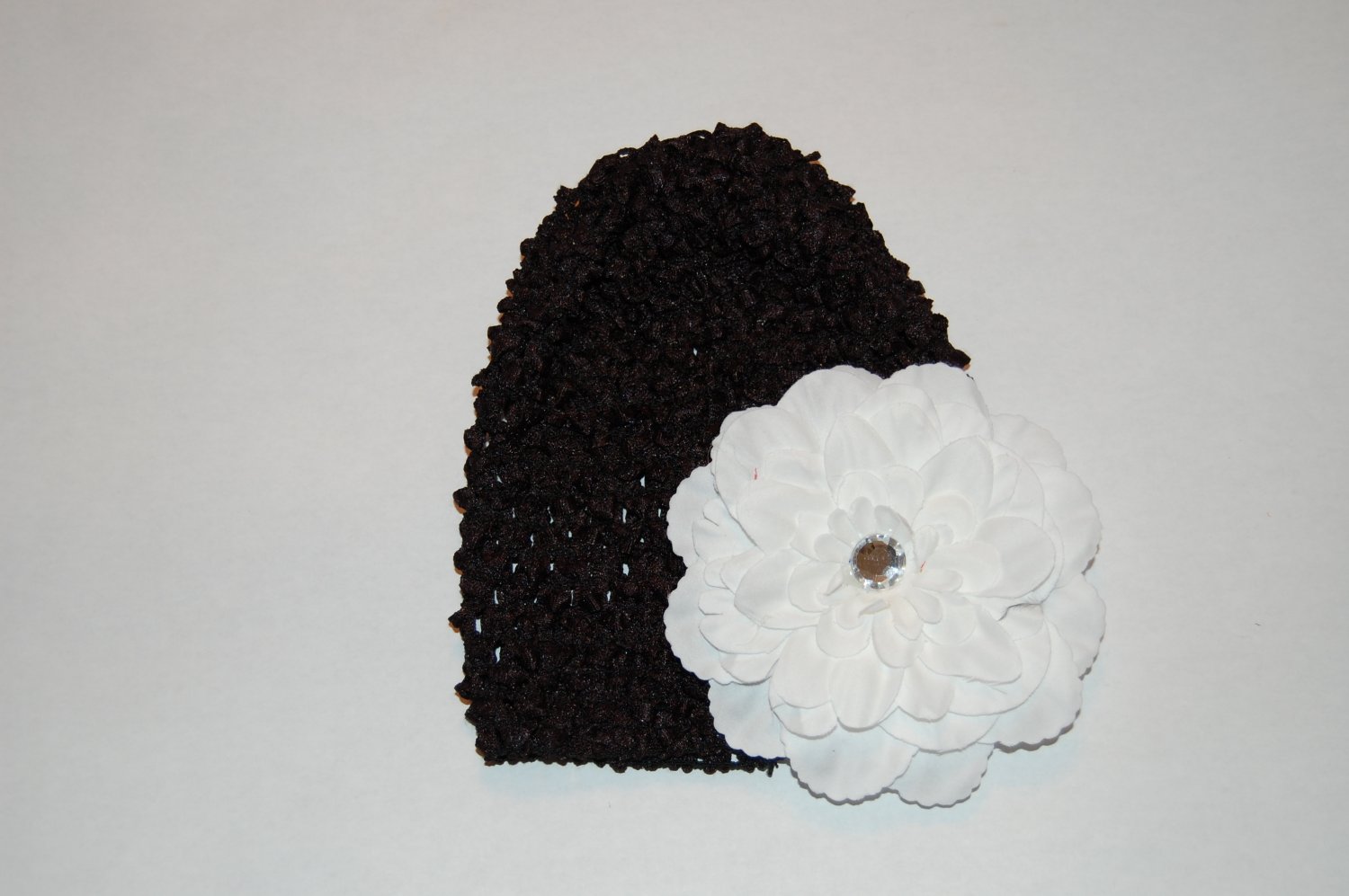 Crocheted Black Hat with 4 1/2" White Peony