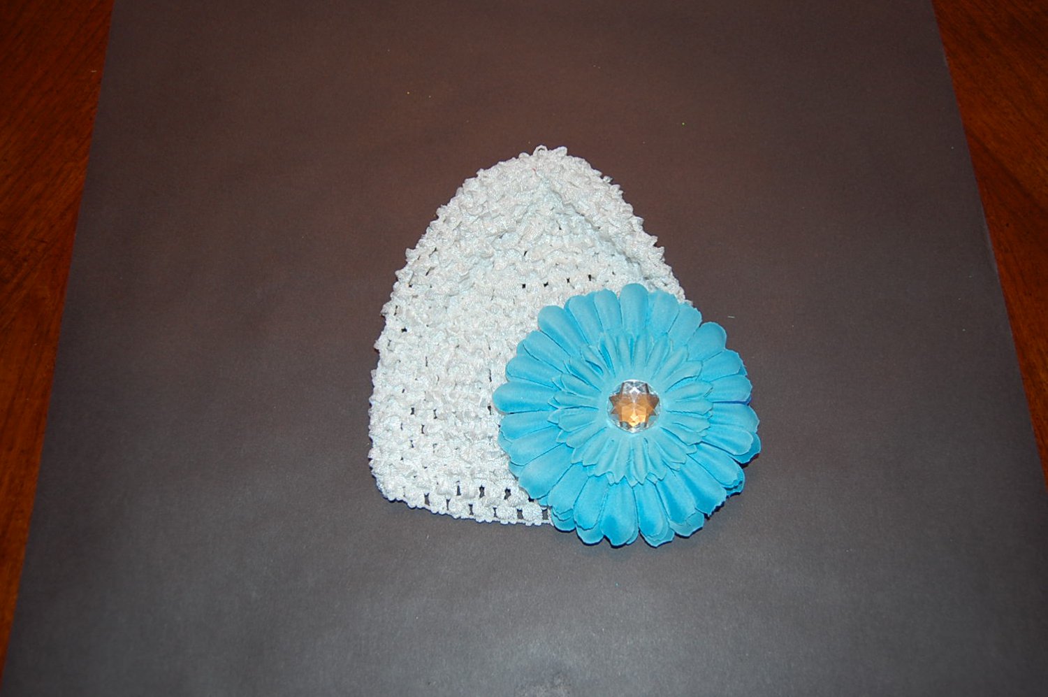 Crocheted White Hat with 4" Daisy with Fluffy Turquoise Flower