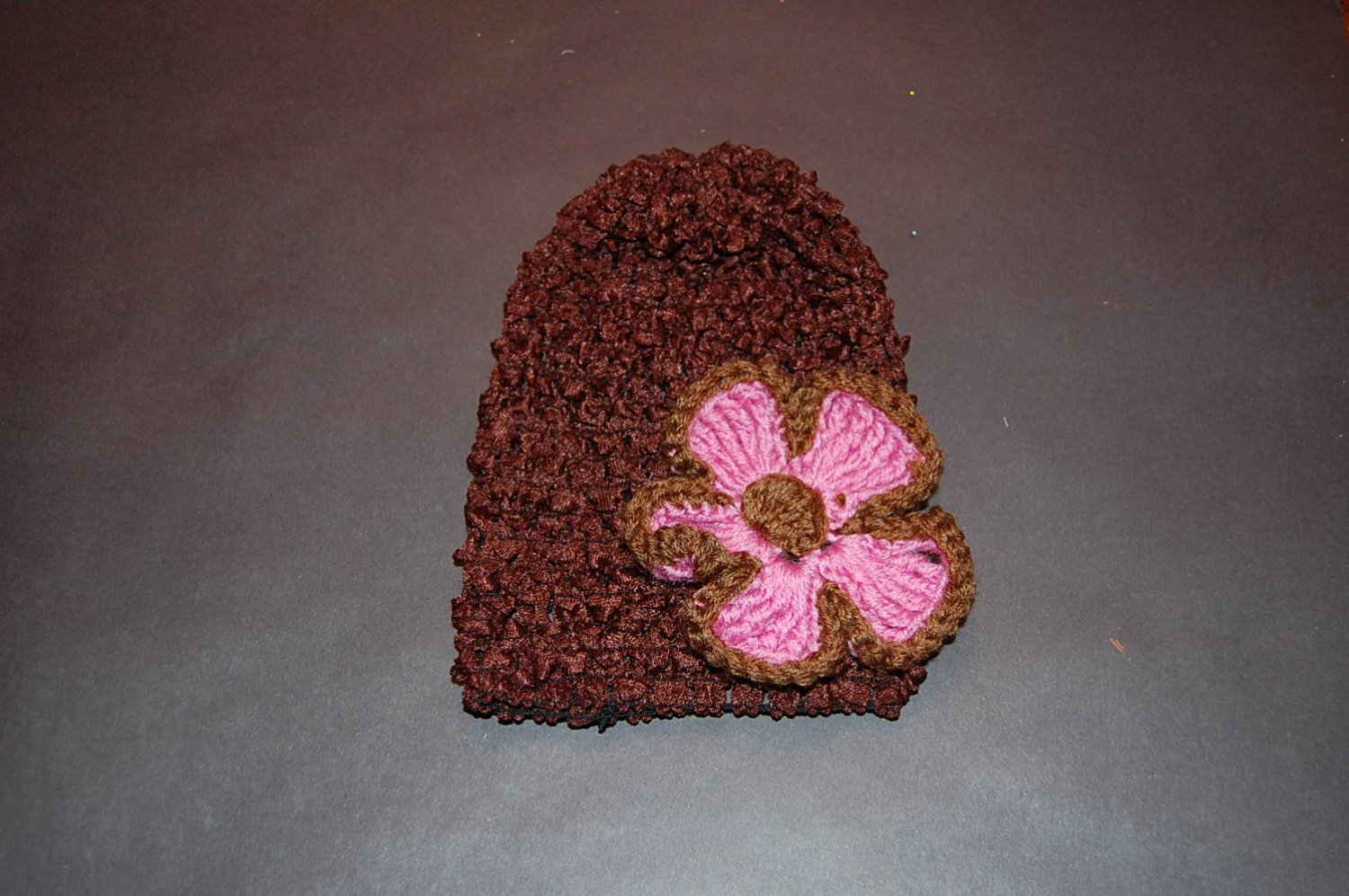 Crocheted Brown Hat with Crocheted Layered Pink/Brown Flower