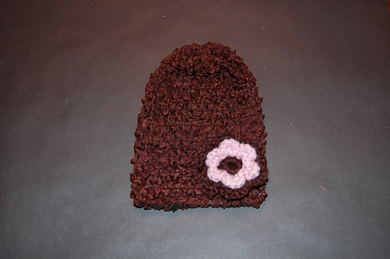 Crocheted Brown Hat with Small Crocheted Pink/Brown Flower