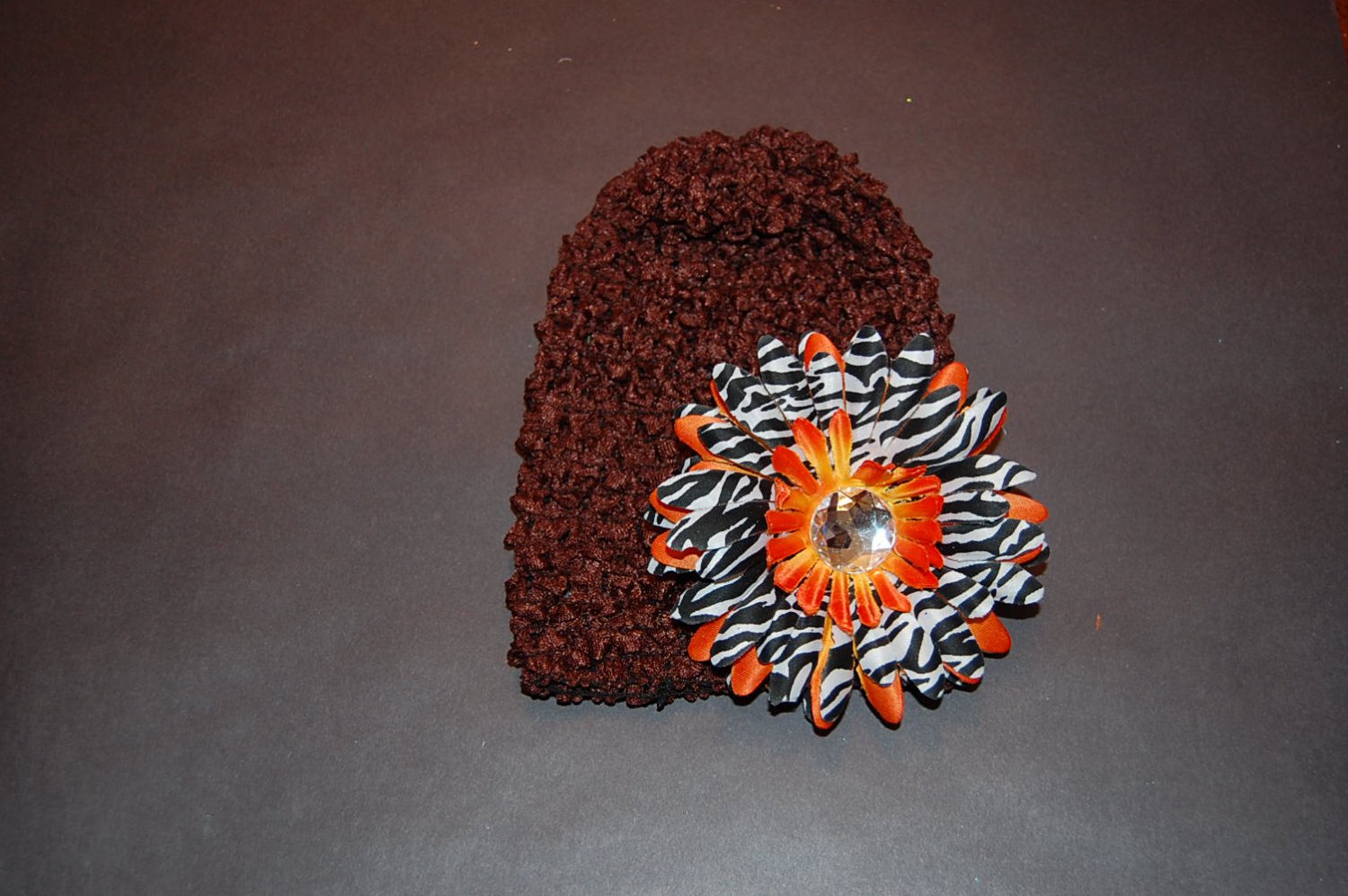 Crocheted Brown Hat with 4" Orange Stacked Zebra Daisy