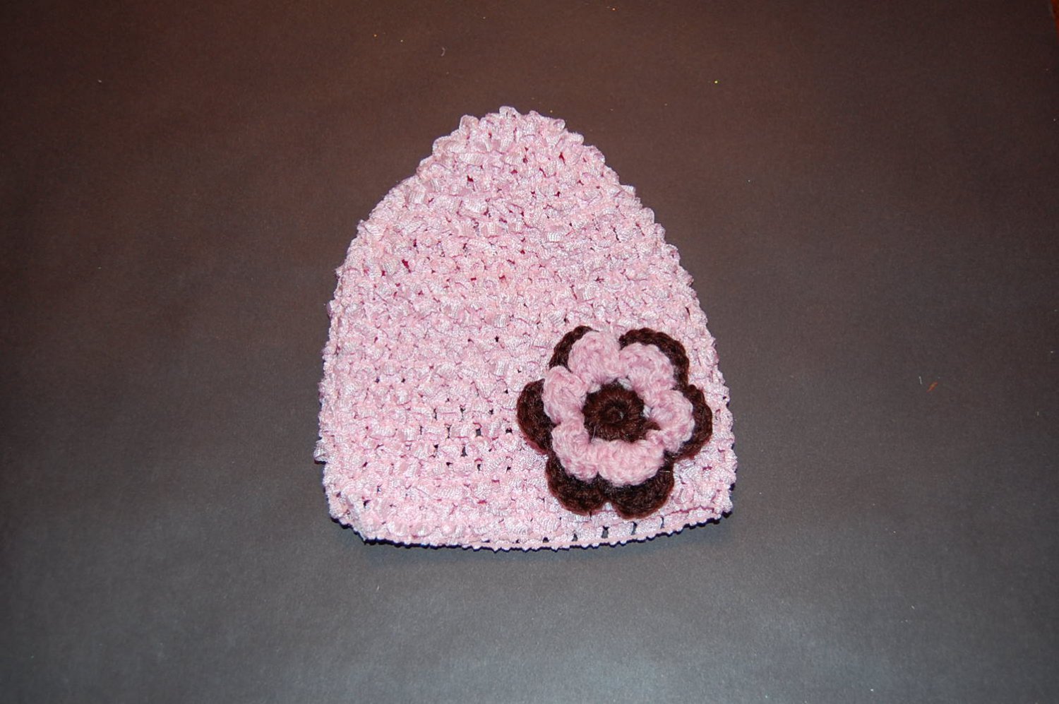 Crocheted Pink Hat with Small Crocheted Pink/Brown Flower