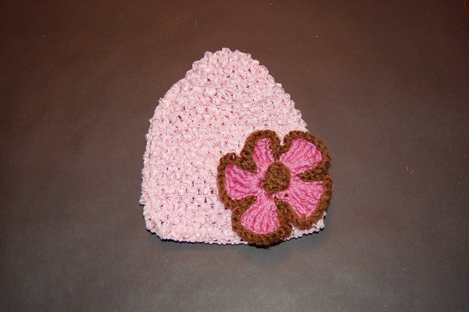 Crocheted Pink Hat with Large Pink/Brown Flower