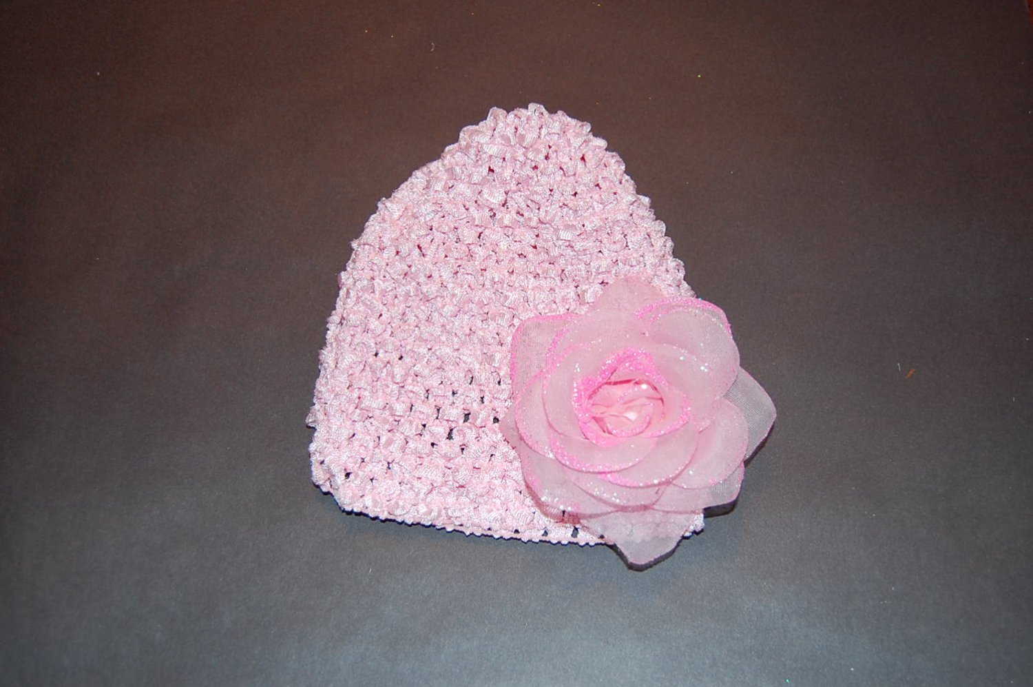 Crocheted Pink Hat with Ice Glitter Rose
