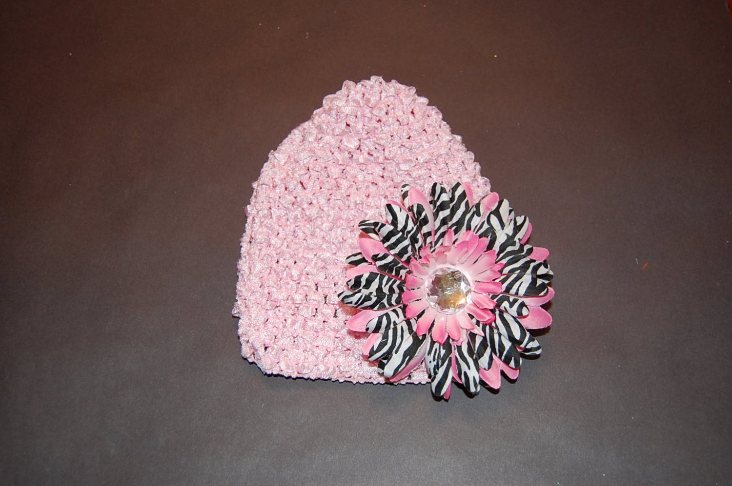 Crocheted Pink Hat with Pink Stacked Zebra Daisy