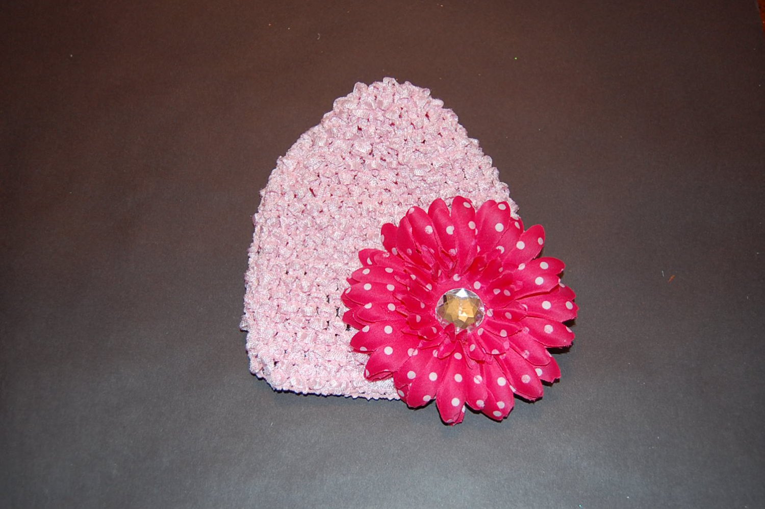 Crocheted Pink Hat with 4"Red Fluffy Daisy