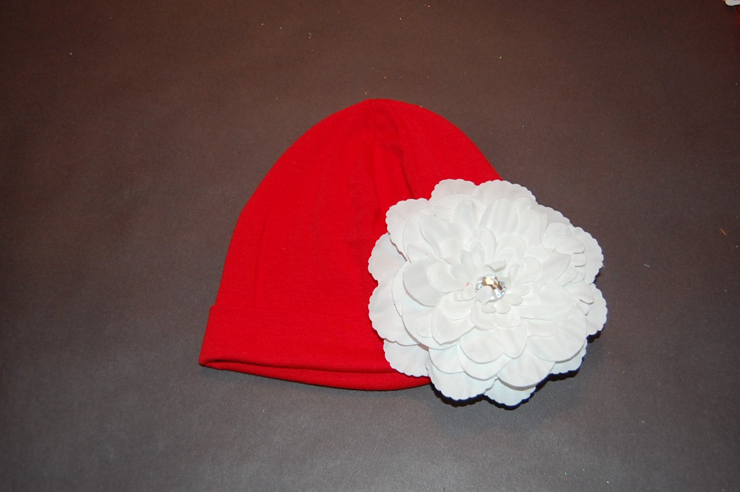 Cotton Red Hat with 4 1/2" White Peony Flower