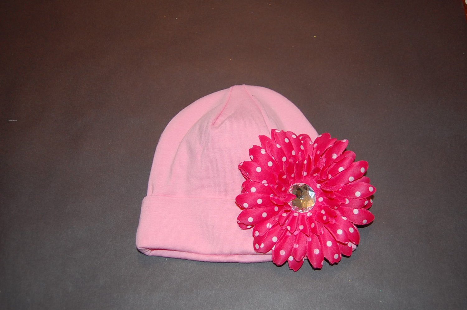 Cotton Pink Hat with 4" Pink Polka Dot Fluffy Daisy