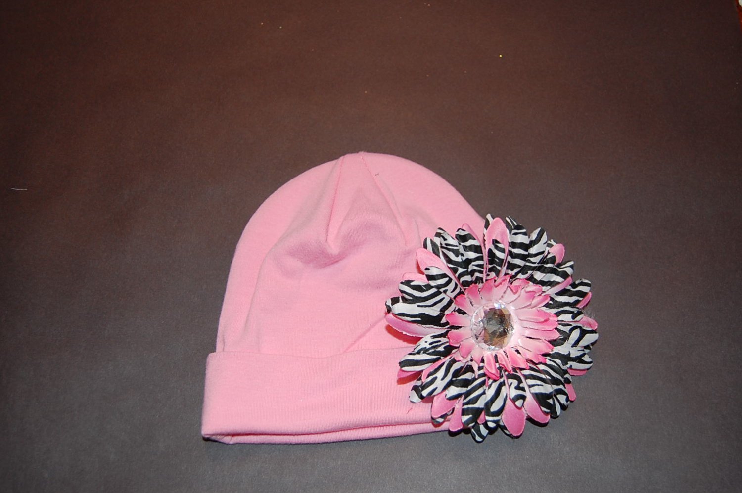 Cotton Pink Hat with Pink Stacked Zebra Daisy