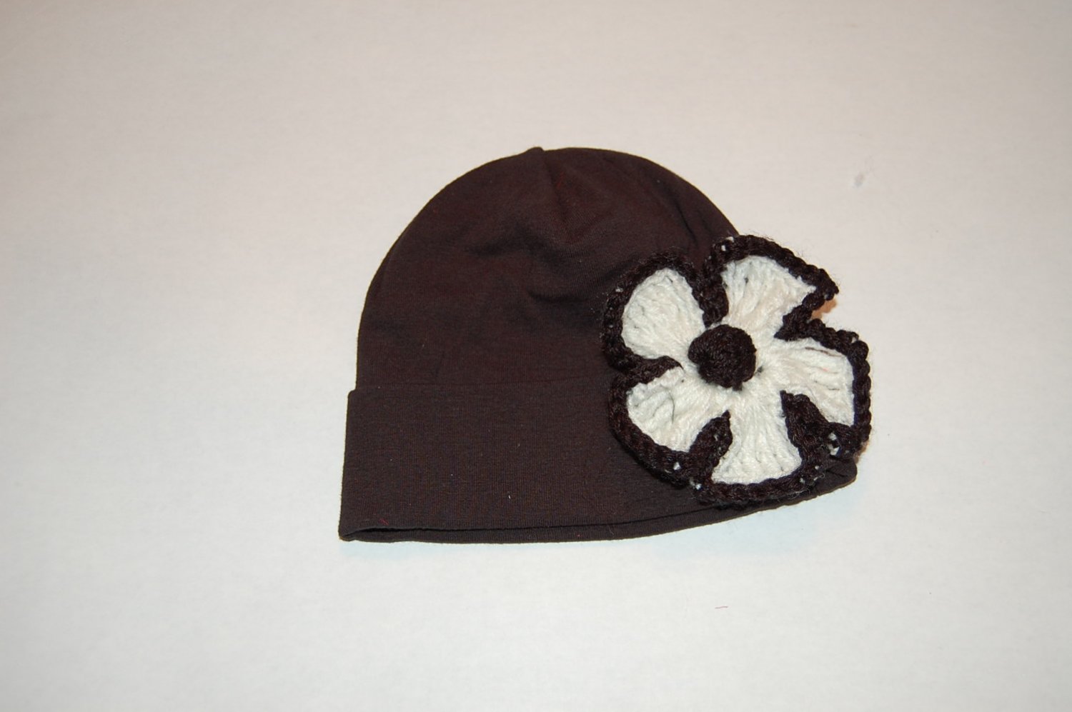 Cotton Black Hat with Crocheted Black/White Flower