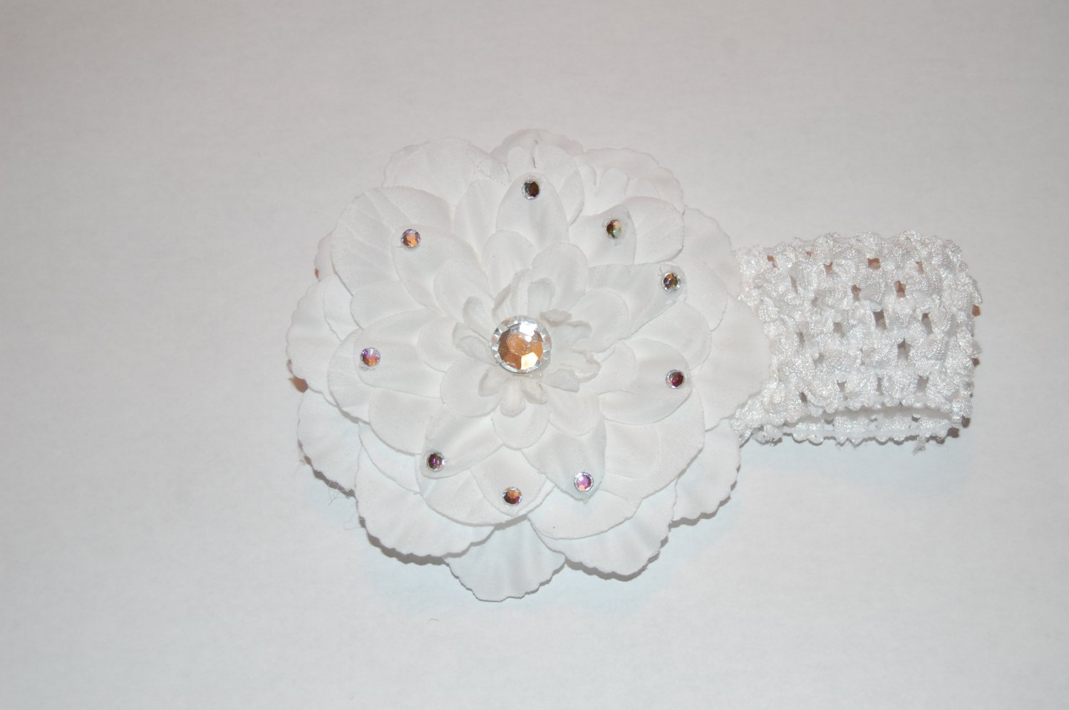 4" Peony, Jewel Embellished, Crocheted Headband, White/White