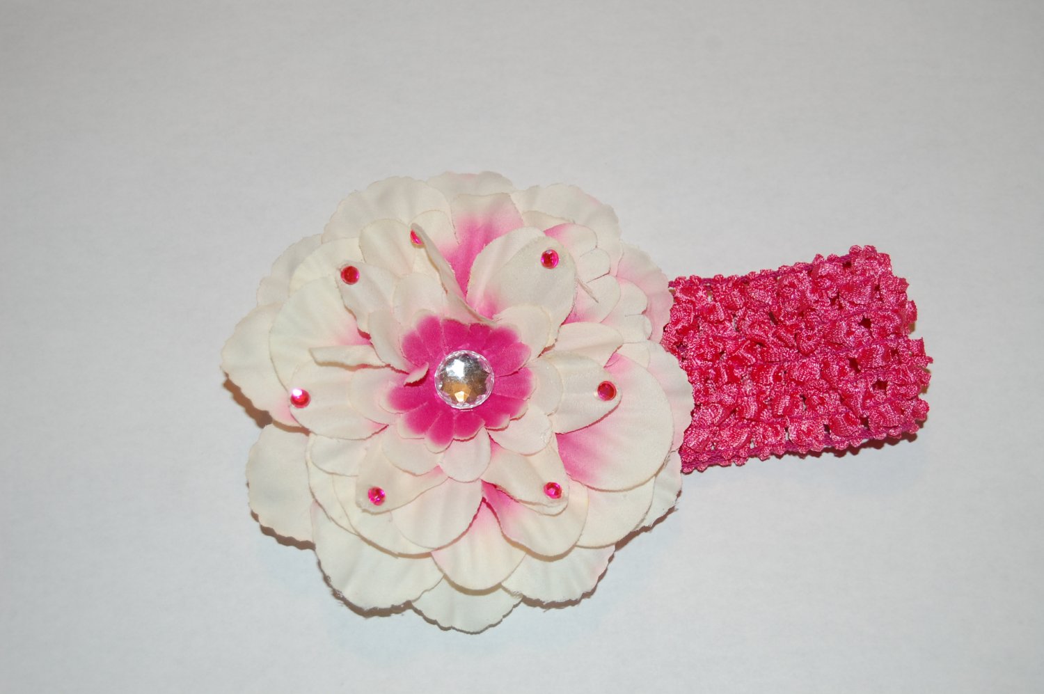 4" Peony, Jeweled Embellished, Crocheted Headband, Pink/White/Bright Pink